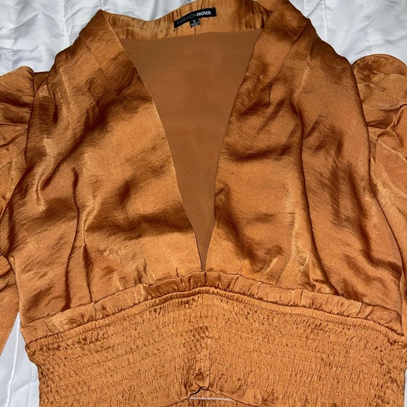 Rust orange v-neck satin blouse - Picture 6 of 8